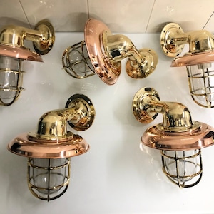Nautical Style Marine Solid Brass Swan Ship Bulkhead Light, Industrial Cage Sconce, Right Angle Wall Light with Extra Copper Shade 5 Pieces