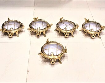 New Nautical Marine Ship Polished Antiquated Crafted Replica Brass Deck Light 5 Pieces