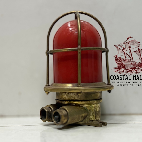Mid Century Victorian Ship Ceiling Mount Brass Bulkhead Light with Orange Globe
