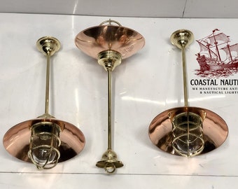 Antique Maritime New Brass Hanging Cargo Ceiling Light Fixture with Copper Shade Lot Of 3