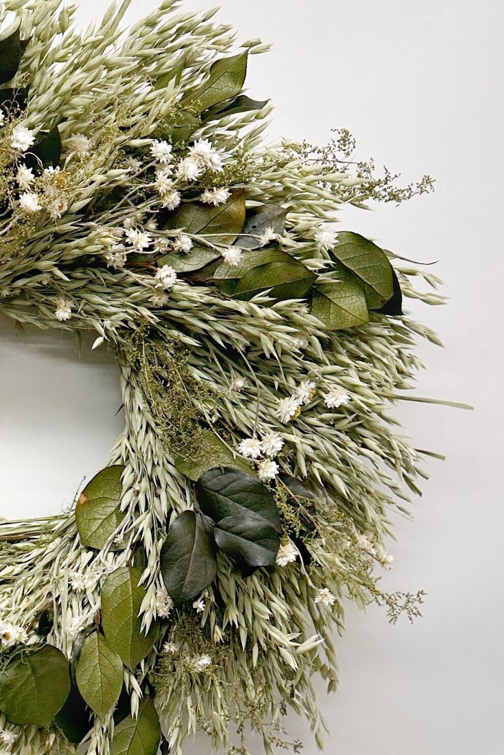 Natural Handmade 22” Preserved Indoor Wreath made with Avena Oats, German  Statice, Globe Amaranth, Ammobium & Limelight Hydrangea