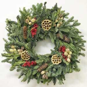 Handmade 22”-30&quot; Natural Holiday Wreath Made of Made With Fresh Fir, Cedar, Berries, Pine Cones and More  - 10% of Profits Help the Needy