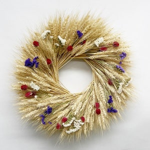 Handmade Blonde Wheat Wreath with Statice & Amaranth, 20”