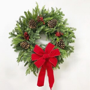 Handmade 22&quot;-30&quot; Natural Holiday Wreath Made of Fresh Fir, Pine, Cedar, Pine Cones, Berries + Red Bow  - 10% of Profits Help the Needy