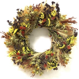Handmade Natural Wheat Wreath: Dried Flowers, Herbs, and Grains (22&quot;)