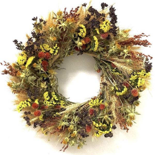 Handmade 22” Natural Wreath Made With Blonde Wheat, Broom Corn, Oregano, Yellow Sinuata Statice and More - 10% of Profits Help the Needy