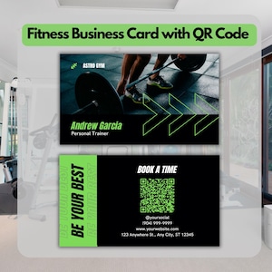 Cartão de visita com código QR de personal trainer, modelo personalizável, download digital instantâneo, cartão de condicionamento físico editável, cartão de visita para impressão