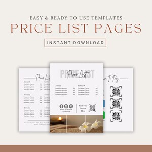 May include: A printable price list template for a spa or salon business. The template features a white background with black text and a decorative image of a spa setting with candles and flowers. The text includes the words "Price List" and "Book your Service Here".