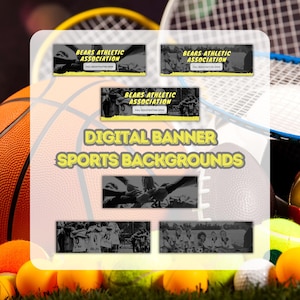 May include: Digital banner with the text "BEARS ATHLETIC ASSOCIATION" in a yellow box over a black and white image of a group of people with their hands stacked on top of each other. The text "FALL REGISTRATION OPEN" is below the yellow box. The banner is set against a background of sports equipment, including a basketball, tennis racket, and football.