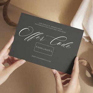 Cartão de agradecimento comercial para impressão, inserção de código promocional de desconto, inserção de embalagem personalizada, placa de oferta personalizada editável, cartão postal promocional elegante