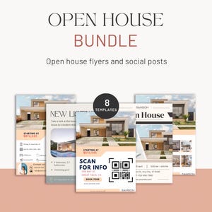 May include: A set of eight open house flyer templates featuring a modern house with a swimming pool. The flyers are designed in a minimalist style with a pink and white colour scheme. The text on the flyers includes the address, price, and a QR code to scan for more information. The flyers also include the text "Open House Bundle" and "Open house flyers and social posts".
