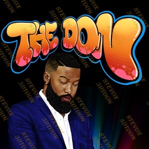 May include: A man in a blue suit with a white shirt and a black beard is standing in front of a city skyline. The text "THE DON" is written in a graffiti style above him.