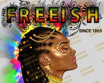 FREEISH since 1865 編み込みコーヒー愛好家 PNG 昇華デザイン、黒人女性 PNG、アフリカンプリント編み込み、アフロ、デジタルダウンロード
