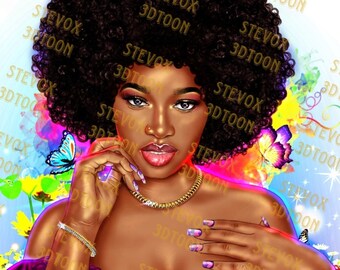 スパイシーなアフリカ系アメリカ人女性アフロシルキーカールメラニンクイーンPNG昇華デザインアートワークデジタルダウンロード
