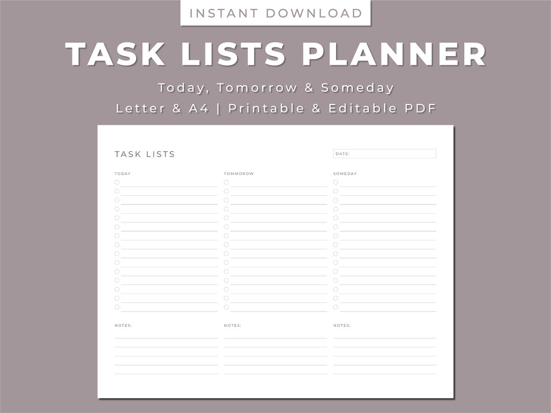 Task List Printable Planner: Today, Tomorrow, Someday (letter/a4 ...