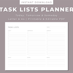 Może przedstawiać: Drukowany planer list zadań z tekstem "TASK LISTS PLANNER" i "Today, Tomorrow & Someday". Planer jest dostępny w rozmiarach Letter i A4, do druku i edycji w formacie PDF. Minimalistyczny design.