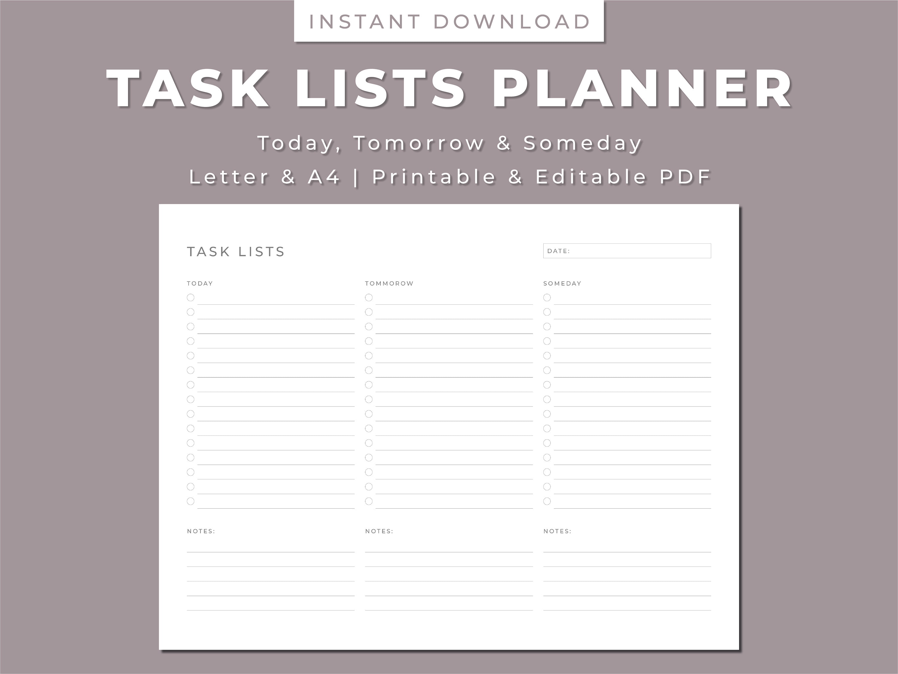Task List Printable Planner: Today, Tomorrow, Someday (letter/a4 ...