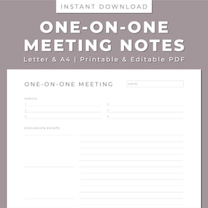 Notas de reuniones individuales imprimibles, agenda de reuniones, actas, toma de notas comerciales imprimible y editable, tamaño carta/A4, descarga instantánea en PDF