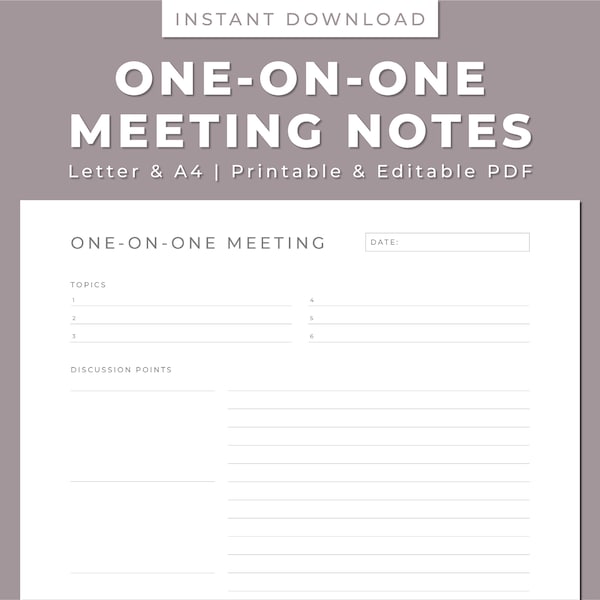 One-On-One Meeting Notes Printable, Meeting Agenda, Minutes, Business Note Taking Printable & Editable, Letter/A4, Instant Download PDF