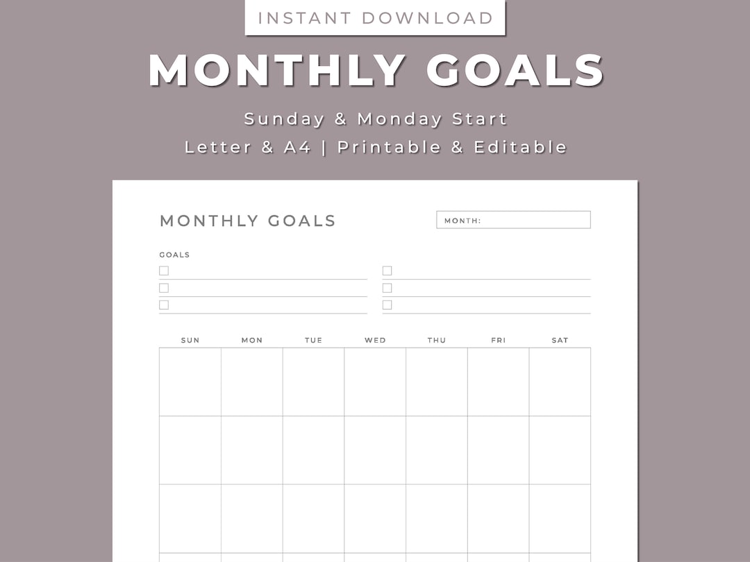 Monthly Goals Printable Planner, Calendar, Notes, Printable & Editable, Template, Insert, Sun ...
