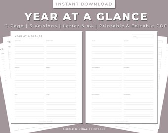 Year At A Glance Printable Planner: Minimalist Design (PDF)