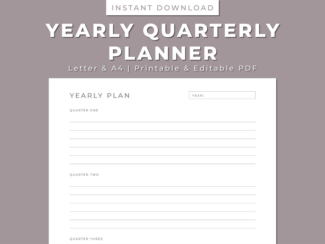 Yearly Quarterly Planner Printable, Four Quarters, Year-at-a-glance ...