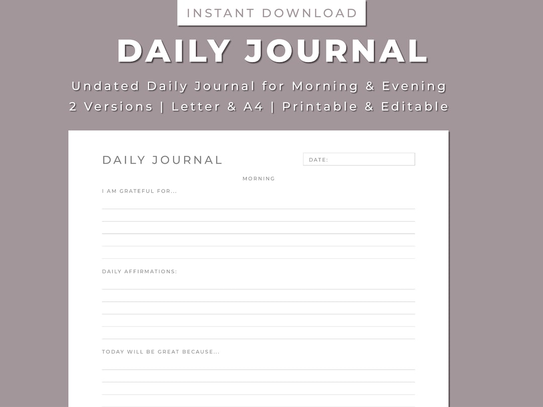 Daily Journal Printable Planner, Morning & Evening Prompts, 2 Versions ...