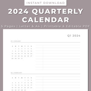 2024 Quarterly Calendar, Printable, Portrait, Sunday/Monday Start, Minimalist Calendar, Digital & Editable, A4/Letter, Instant Download PDF