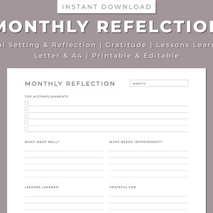 Planificador de Reflexión Mensual Imprimible, Metas, Gratitud, Resumen, Notas, Imprimible y Editable, Plantilla, Insertar, Carta/A4, Descarga Instantánea