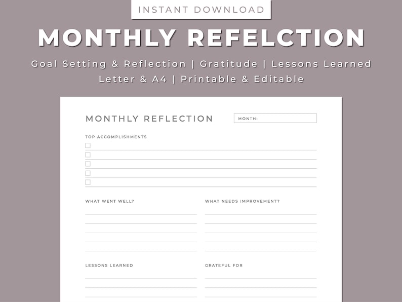 Monthly Reflection Planner Printable, Goals, Gratitude, Summary, Notes ...
