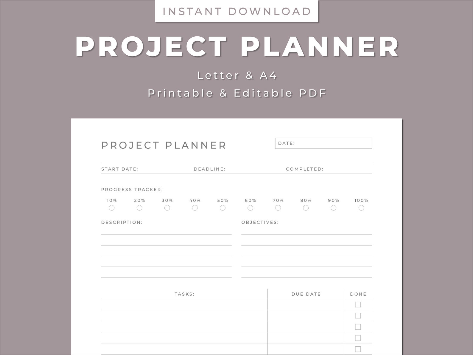 Project Planner Printable, Objects, Tasks, Resource Planner, Business ...
