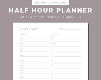 Half Hour Daily Planner: Printable Schedule, To-Do List (Letter/A4 PDF)