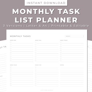 Monthly Task List Planner Printable, Calendar, Printable & Editable, Template, Insert, Sun/Mon Start, Letter/A4, Instant Download