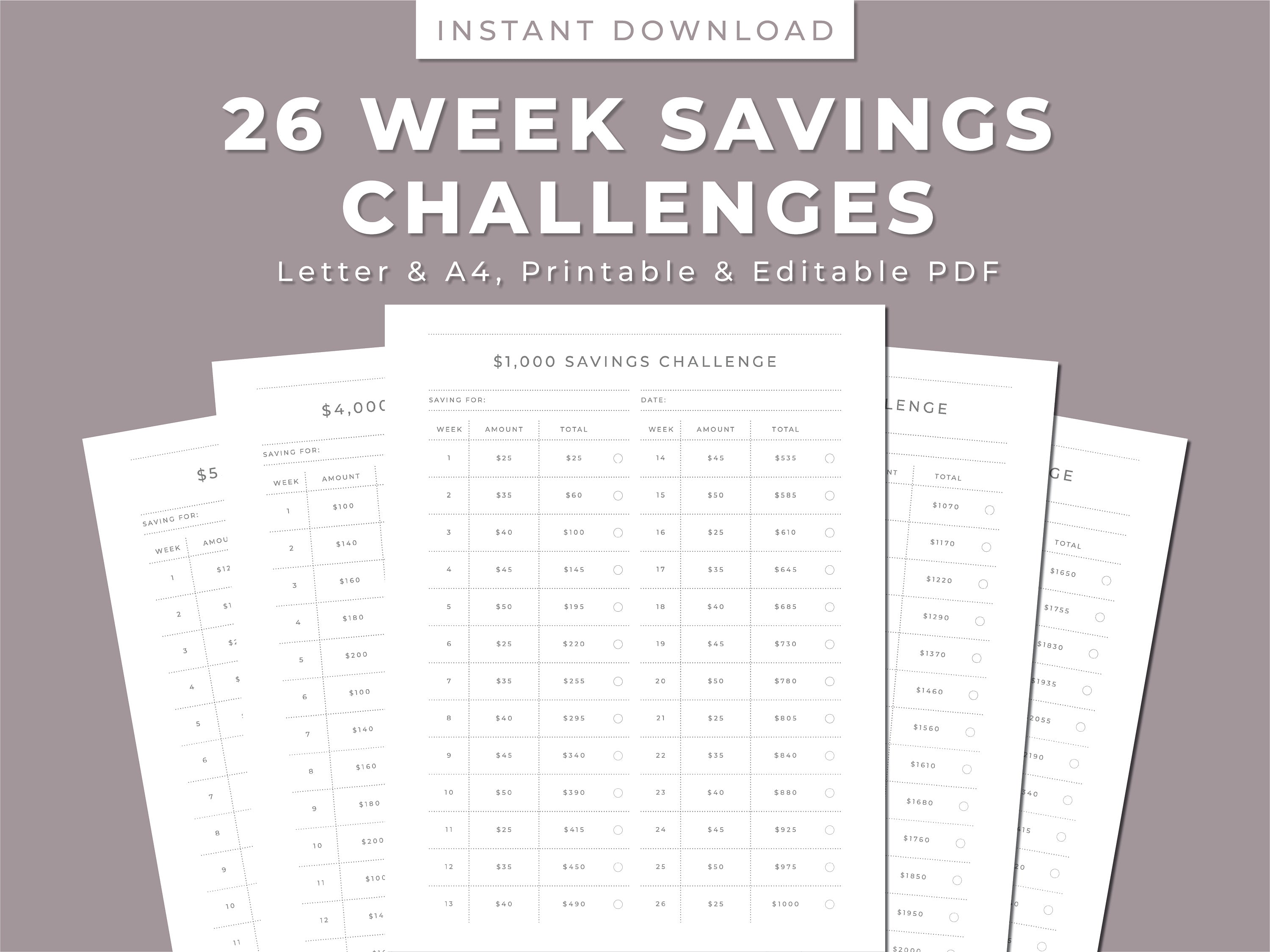 26 Week Savings Challenges Printable, Budget Finance Savings Planner ...