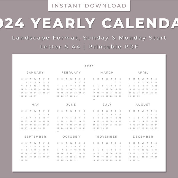 2024 Yearly Calendar Printable, Simple Yearly Calendar, Yearly Wall Calendar, Yearly Desk Calendar, Sunday & Monday Start, A4/Letter, PDF