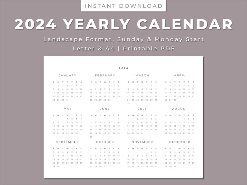 Calendario anual 2024 imprimible Calendario anual simple Etsy México