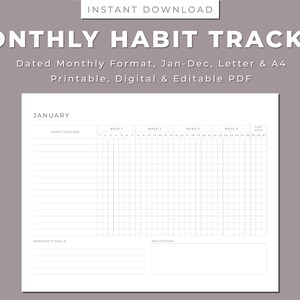Monthly Dated Habit Tracker, 31 Day Habit Tracker Template, Routine Tracker, Good Habits, Landscape, Letter/A4, Printable, Instant Download
