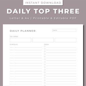 Planificador diario de tres prioridades principales, imprimible y editable, planificador sin fecha, descarga instantánea, carta/A4, programación, lista de tareas pendientes, productividad