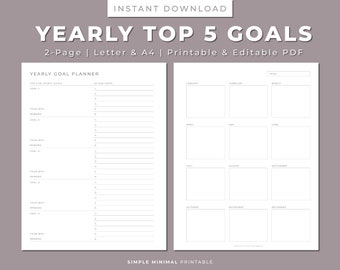 May include: A printable yearly goal planner with a simple design. The left page has space to list five goals with a section for "Your Why", "Reward", and "Action Steps". The right page has a calendar grid for each month of the year.