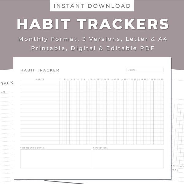 Monthly Habit Tracker, 30 Day Habit Tracker Template, Routine Tracker, Landscape, Letter/A4, Printable PDF, Instant Download, Undated