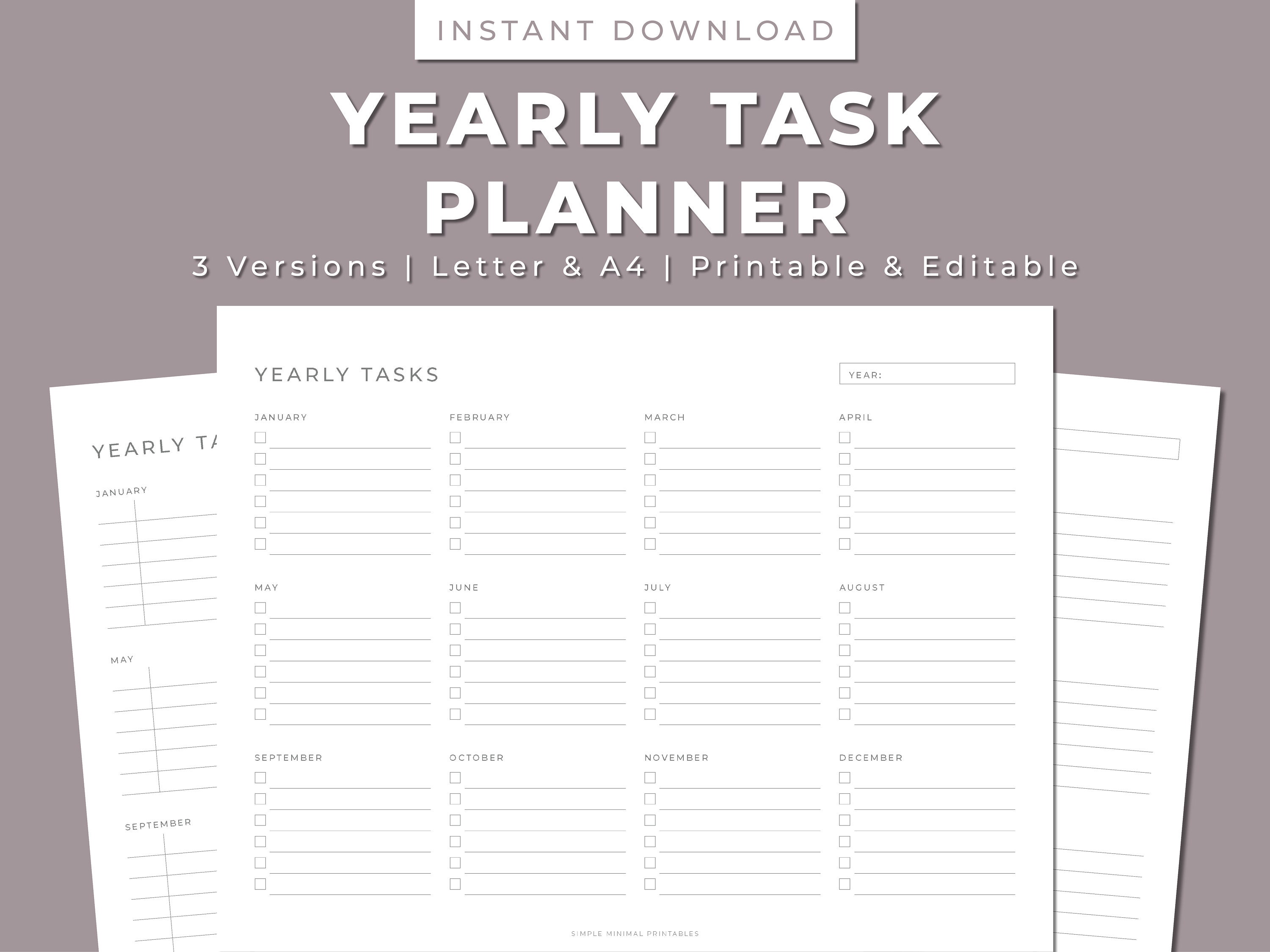 Yearly task planner printable year at a glance annual perpetual