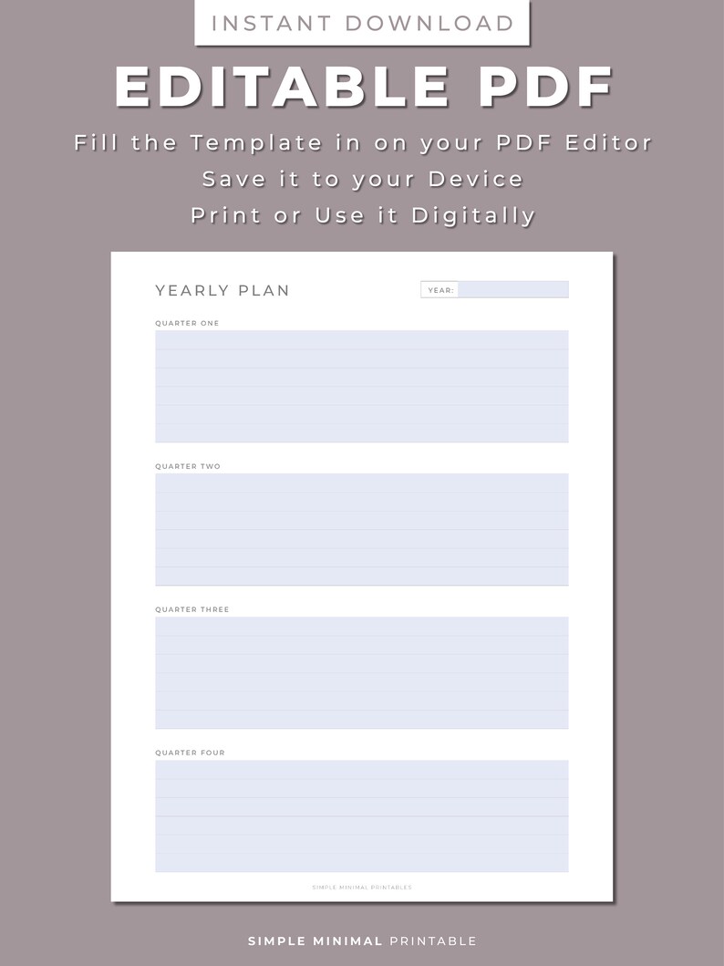 Yearly Quarterly Planner Printable, Four Quarters, Year-at-a-glance ...