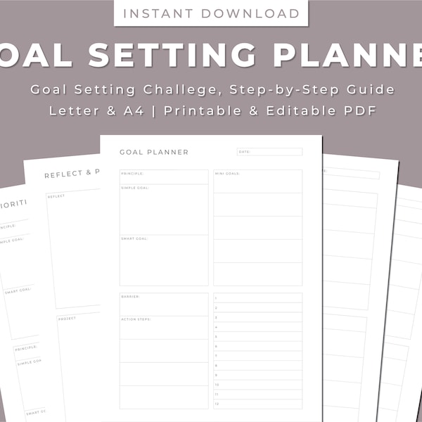 Goal Setting Printable Planner, Goal Setting Challenge, Goal Defining, Year Ahead, Printable & Editable, Letter/A4, Instant Download PDF