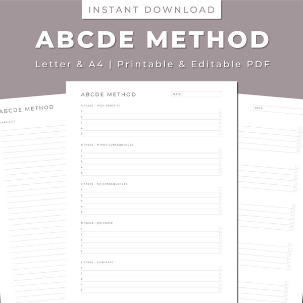 ABCDE Method Productivity Printable, Task List, Goal Setting, Priority To-Do List, Printable & Editable, Letter/A4, Instant Download PDF