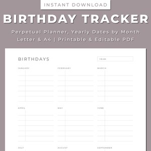Birthday Tracker Printable, Birthday Calendar, Birthday Reminder, Birthday Planner, Letter & A4, Printable and Editable, Instant Download