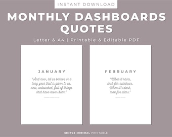Monthly Planner Dashboards with Quotes (Printable PDF, Letter/A4)