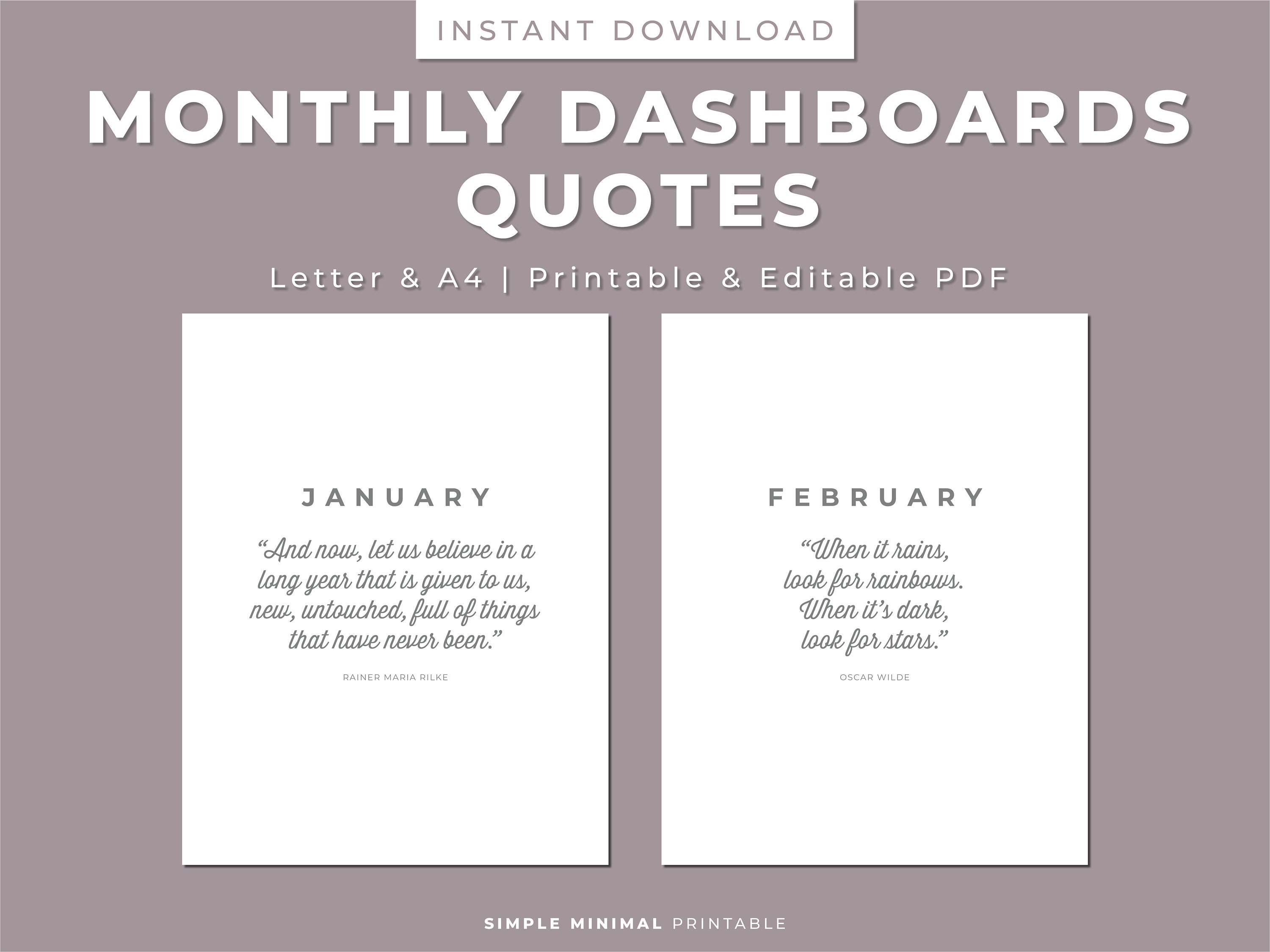 Monthly Printable Planner Dashboards W/ Quotes, Printable Monthly Dividers, Perpetual, Dashboard ...