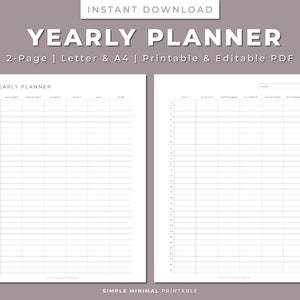 Yearly Planner Printable, 2-Page, 365 Days Year-At-A-Glance, Annual Perpetual Planner, Letter & A4, Printable Editable, Instant Download PDF