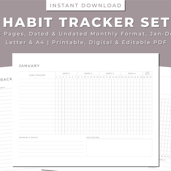 Monthly Dated & Undated Habit Tracker Bundle Set, 31 Day Template, Routine Tracker, Good Habits, Letter/A4, Printable, Instant Download PDF