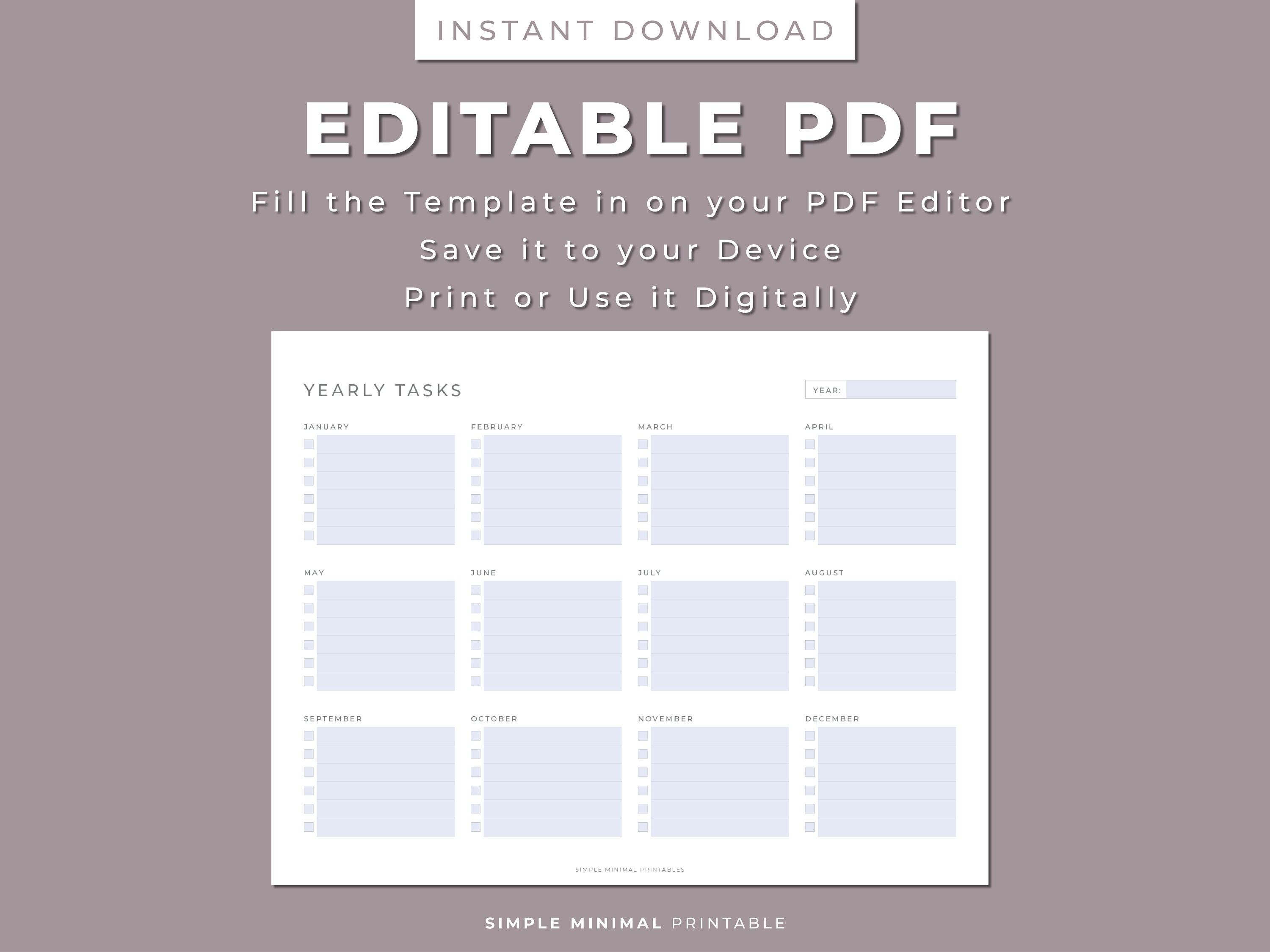 Yearly task planner printable year at a glance annual perpetual